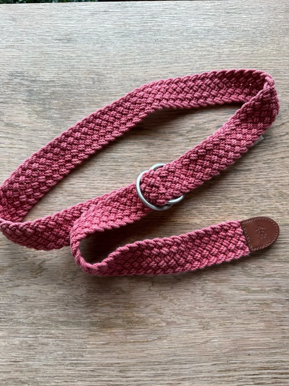 Brooks Brothers Pink/Red Crochet Cotton D-Ring Belt  Boho Leather Trim LG NWT